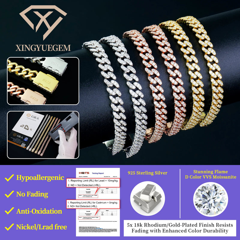 Spot Wholesale Unisex Hiphop Jewelry 6mm Mossanite Diamond 18k Gold Plated 925 Silver Cuban Link Bracelet Moissanite for Men
