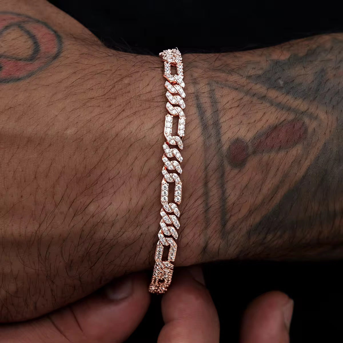 6mm Iced Figaro Link Bracelet Rose Gold