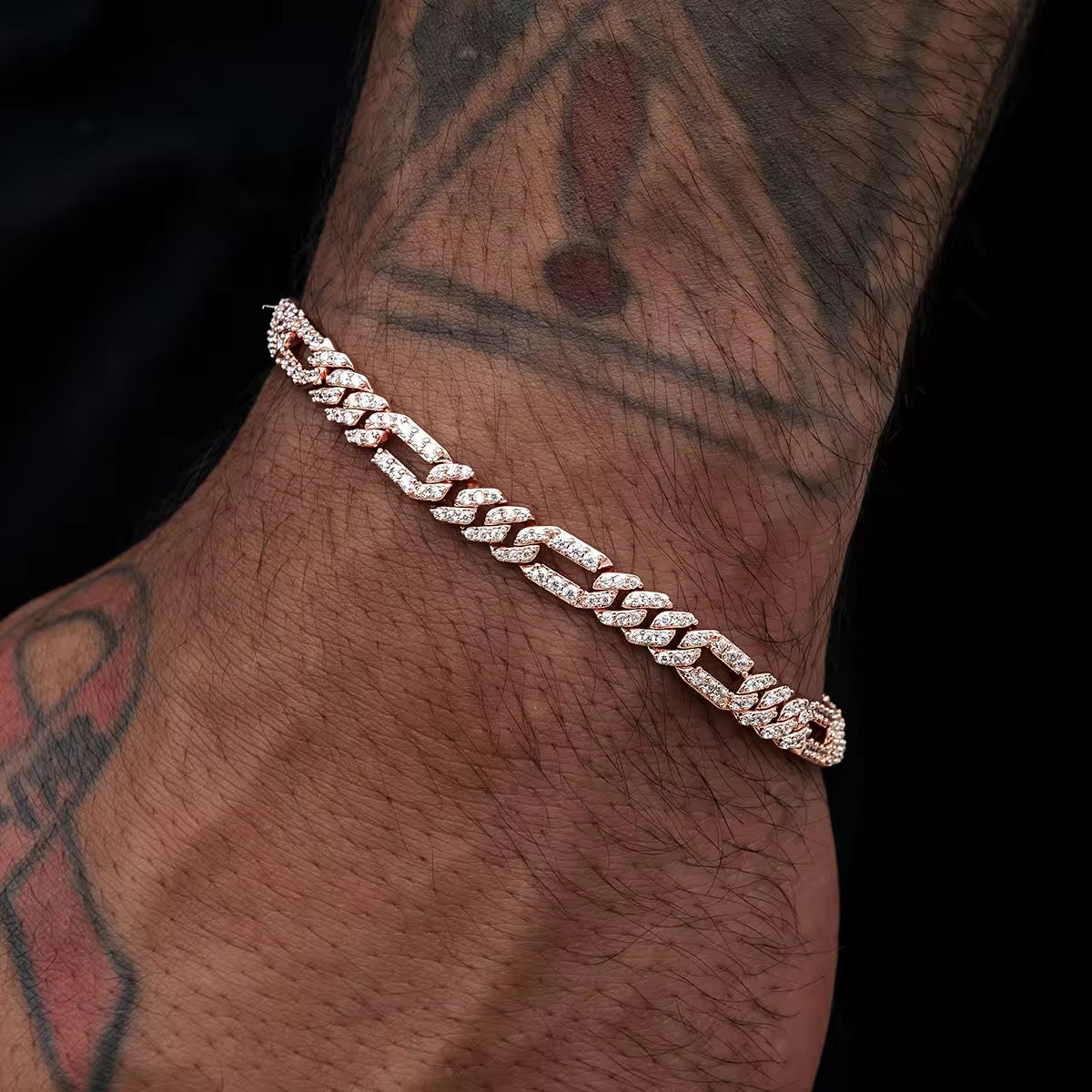 6mm Iced Figaro Link Bracelet Rose Gold