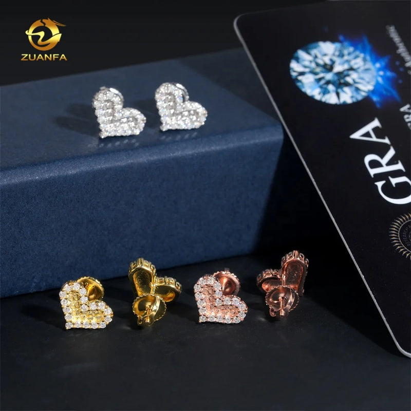 Fashion Jewelry Heart Shape Iced Out Rose Gold Hip Hop 925 Sterling Silver Moissanite Earrings