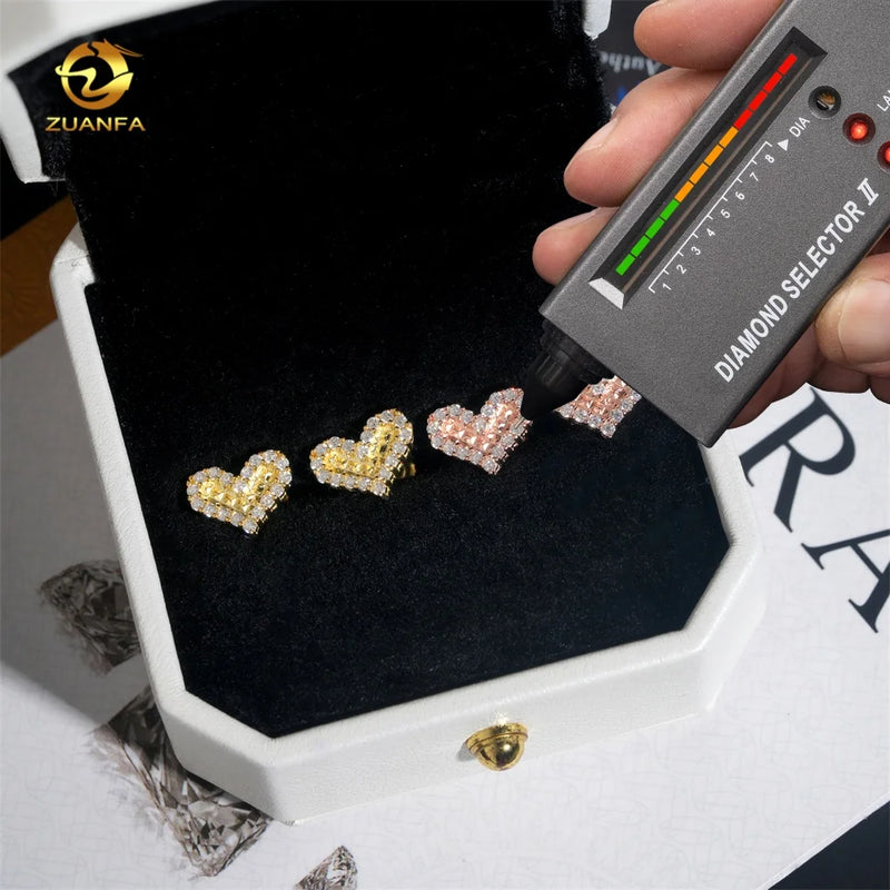 Fashion Jewelry Heart Shape Iced Out Rose Gold Hip Hop 925 Sterling Silver Moissanite Earrings