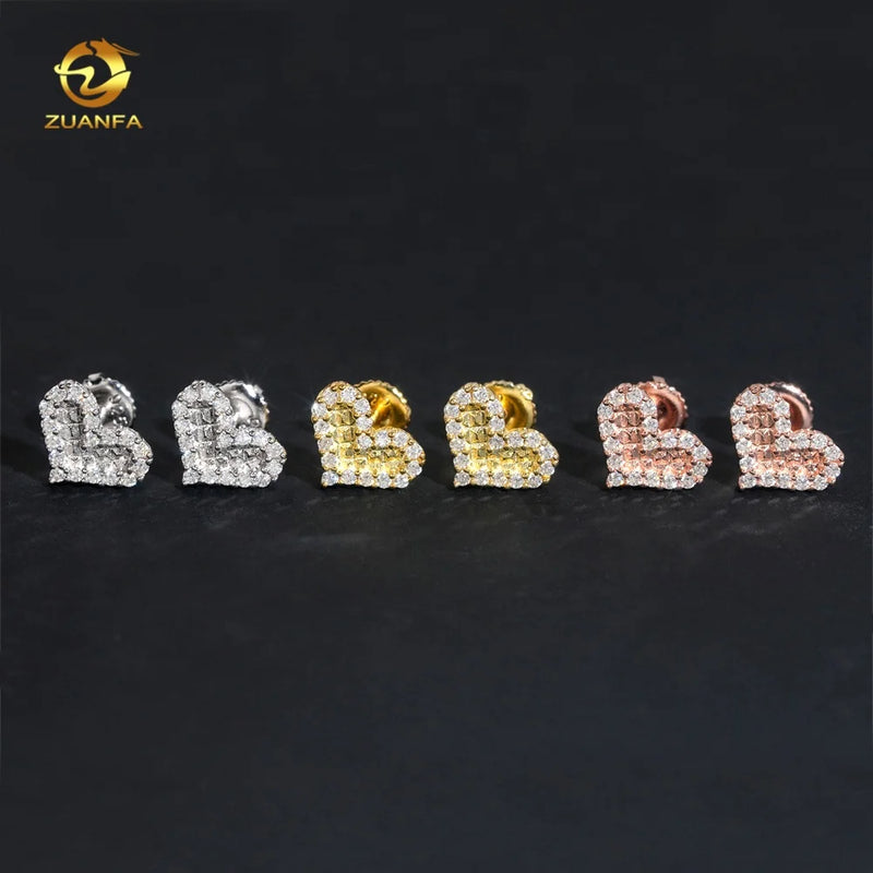 Fashion Jewelry Heart Shape Iced Out Rose Gold Hip Hop 925 Sterling Silver Moissanite Earrings