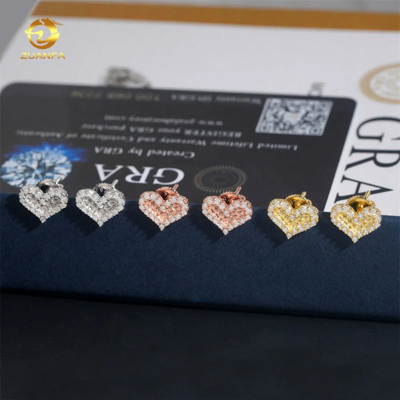 Fashion Jewelry Heart Shape Iced Out Rose Gold Hip Hop 925 Sterling Silver Moissanite Earrings