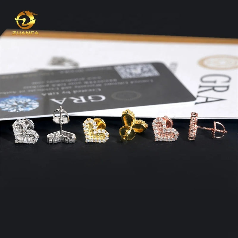Fashion Jewelry Heart Shape Iced Out Rose Gold Hip Hop 925 Sterling Silver Moissanite Earrings