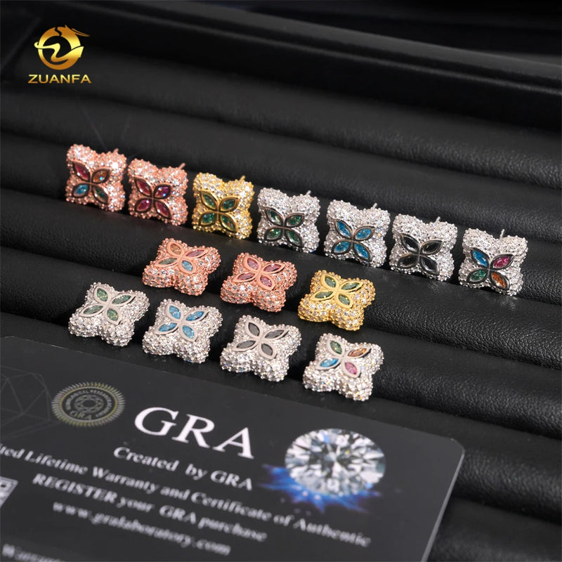 Ready to Ship 15mm Color Moissanite Flower Stud Earrings 925 Silver Hip Hop Earrings Iced Out Earrings Pass Diamond Test